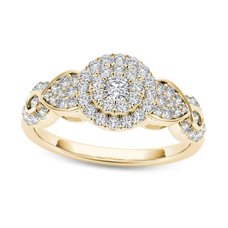 Image of ID 1 050 CT TW Composite Natural Diamond Double Frame Petal Engagement Ring in Solid 14K Gold