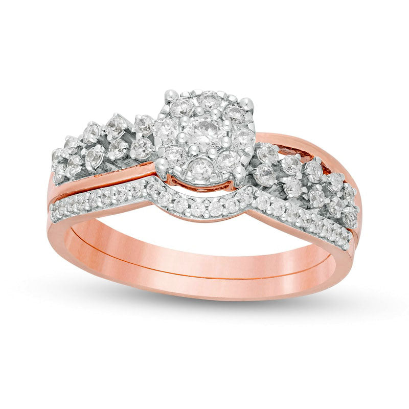Image of ID 1 050 CT TW Composite Natural Diamond Double Row Bridal Engagement Ring Set in Solid 10K Rose Gold