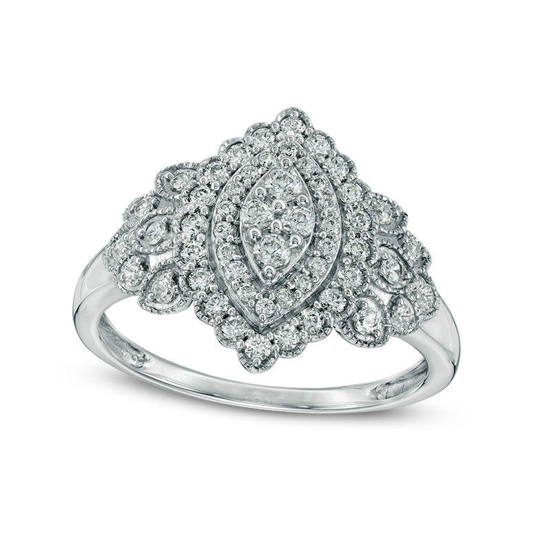 Image of ID 1 050 CT TW Composite Natural Diamond Marquise Frame Antique Vintage-Style Ring in Solid 10K White Gold