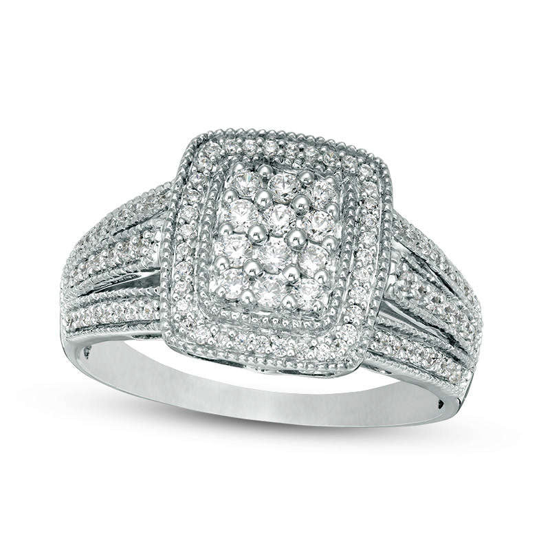 Image of ID 1 050 CT TW Composite Natural Diamond Rectangular Frame Multi-Row Ring in Sterling Silver