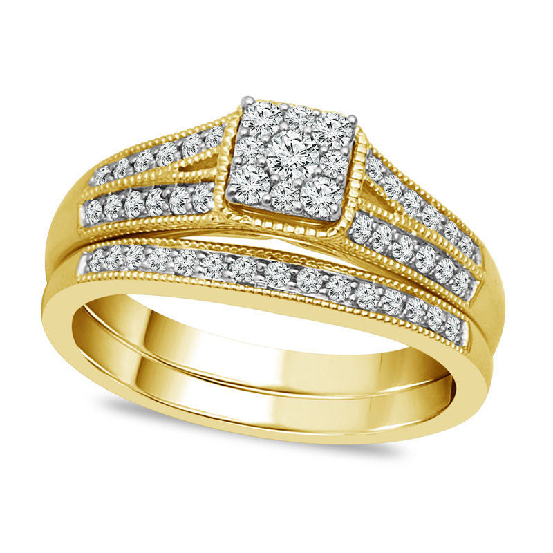 Image of ID 1 050 CT TW Composite Natural Diamond Squared Antique Vintage-Style Bridal Engagement Ring Set in Solid 10K Yellow Gold