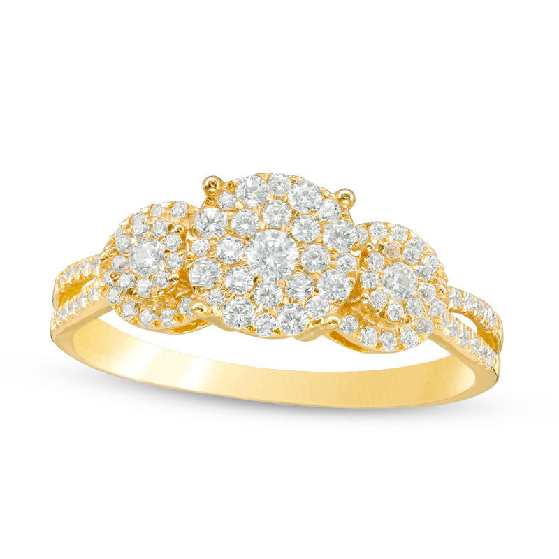 Image of ID 1 050 CT TW Composite Natural Diamond Three Stone Frame Engagement Ring in Solid 10K Yellow Gold
