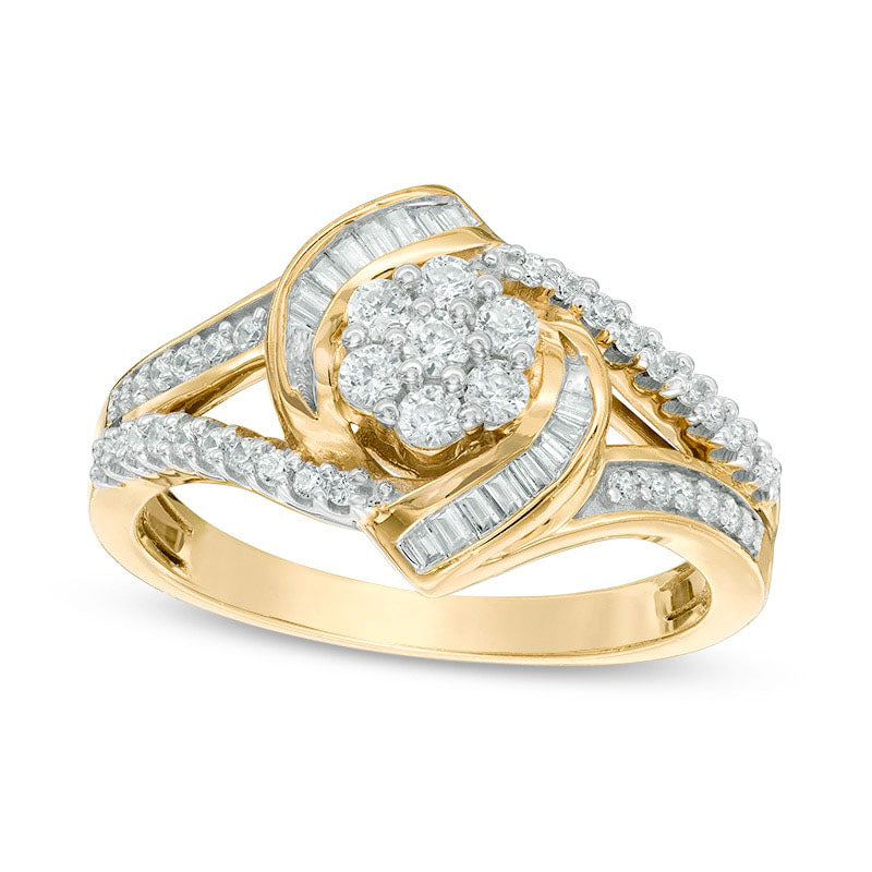 Image of ID 1 050 CT TW Composite Natural Diamond Whirlwind Split Shank Ring in Solid 10K Yellow Gold