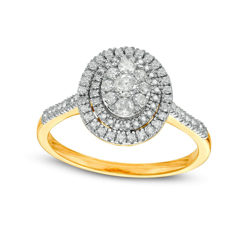 Image of ID 1 050 CT TW Composite Oval Natural Diamond Double Frame Ring in Solid 10K Yellow Gold