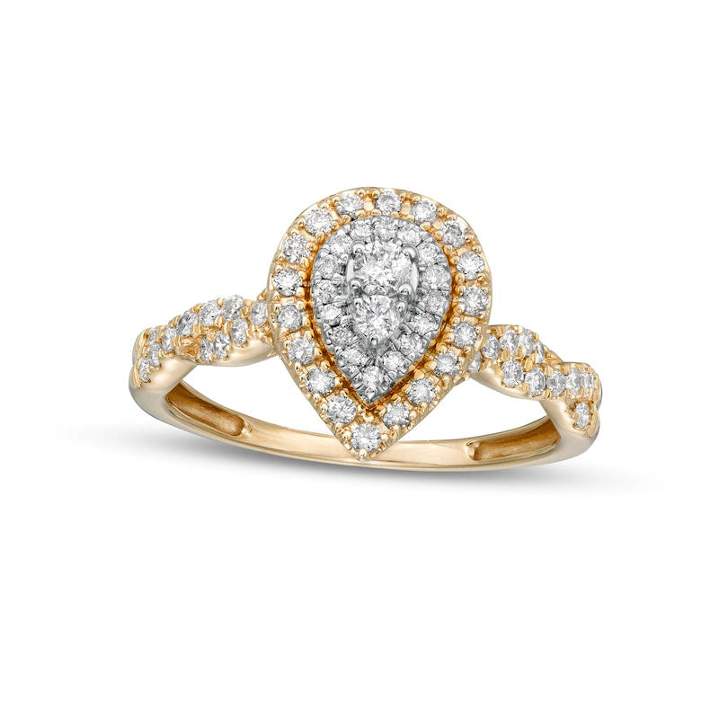 Image of ID 1 050 CT TW Composite Pear-Shaped Natural Diamond Double Frame Twist Shank Engagement Ring in Solid 10K Yellow Gold