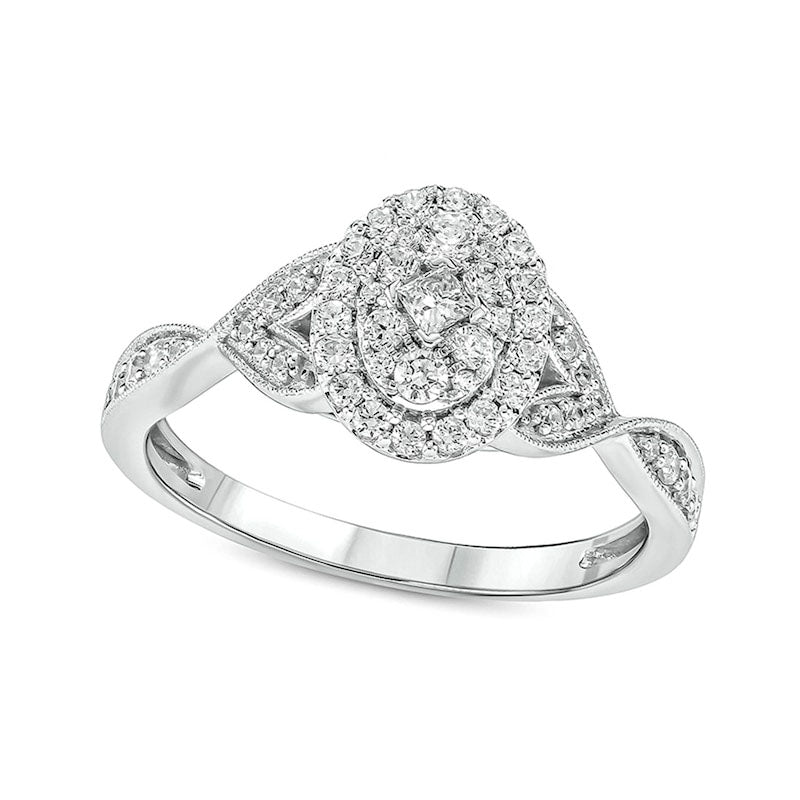 Image of ID 1 050 CT TW Composite Princess-Cut Natural Diamond Frame Petal-Sides Antique Vintage-Style Engagement Ring in Solid 10K White Gold