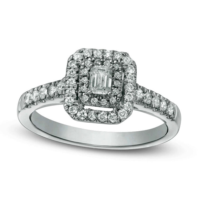 Image of ID 1 050 CT TW Emerald-Cut Natural Diamond Double Frame Engagement Ring in Solid 14K White Gold