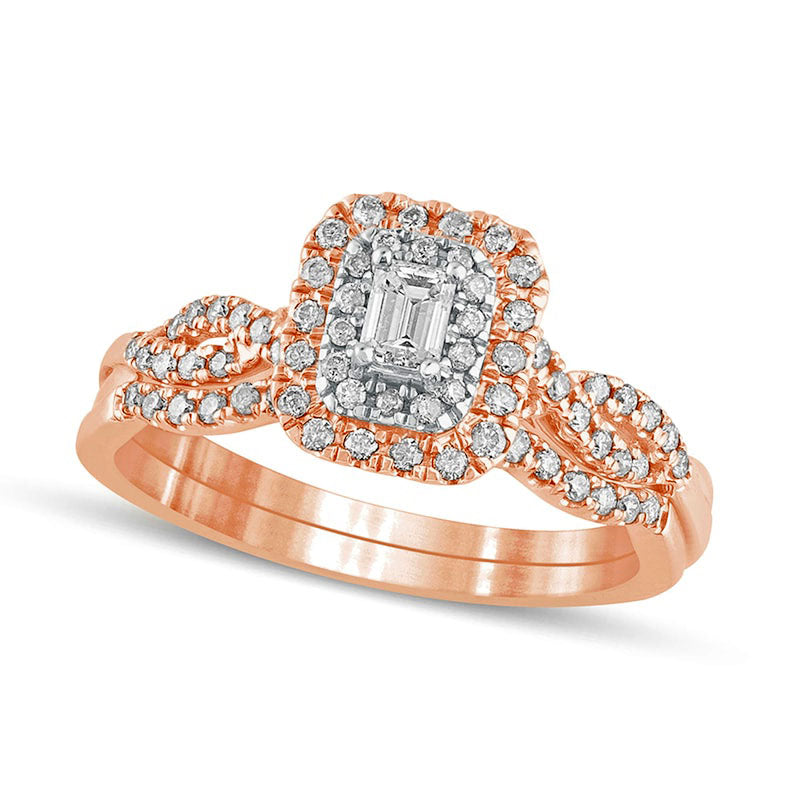 Image of ID 1 050 CT TW Emerald-Cut Natural Diamond Double Frame Multi-Row Bridal Engagement Ring Set in Solid 10K Rose Gold