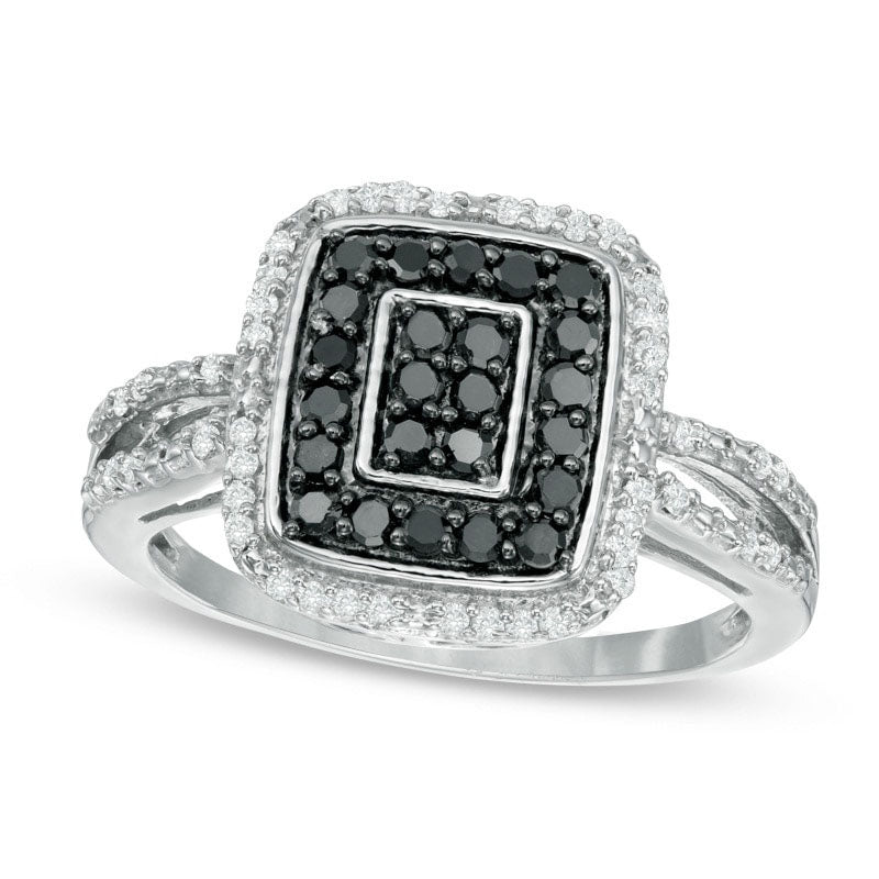 Image of ID 1 050 CT TW Enhanced Black and White Composite Natural Diamond Double Rectangle Frame Ring in Sterling Silver