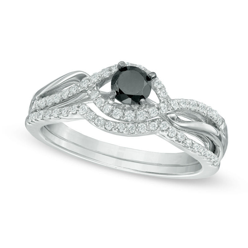 Image of ID 1 050 CT TW Enhanced Black and White Natural Diamond Bypass Bridal Engagement Ring Set in Sterling Silver