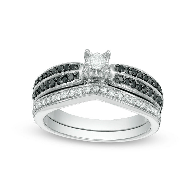 Image of ID 1 050 CT TW Enhanced Black and White Natural Diamond Double Row Bridal Engagement Ring Set in Sterling Silver