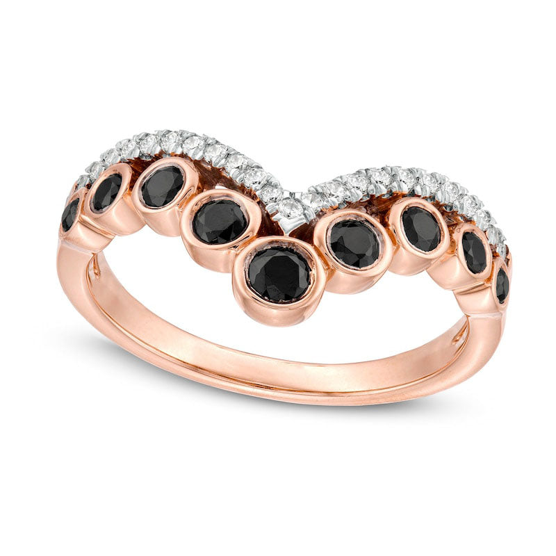 Image of ID 1 050 CT TW Enhanced Black and White Natural Diamond Graduated Double Row Chevron Ring in Solid 10K Rose Gold