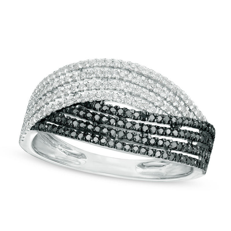 Image of ID 1 050 CT TW Enhanced Black and White Natural Diamond Multi-Row Crossover Ring in Sterling Silver
