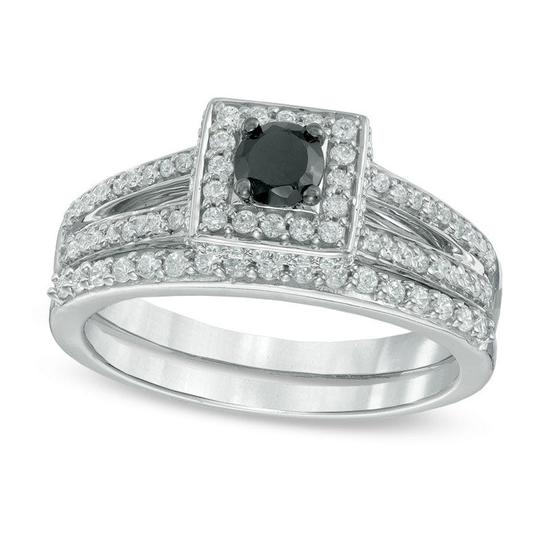 Image of ID 1 050 CT TW Enhanced Black and White Natural Diamond Square Frame Split Shank Bridal Engagement Ring Set in Sterling Silver