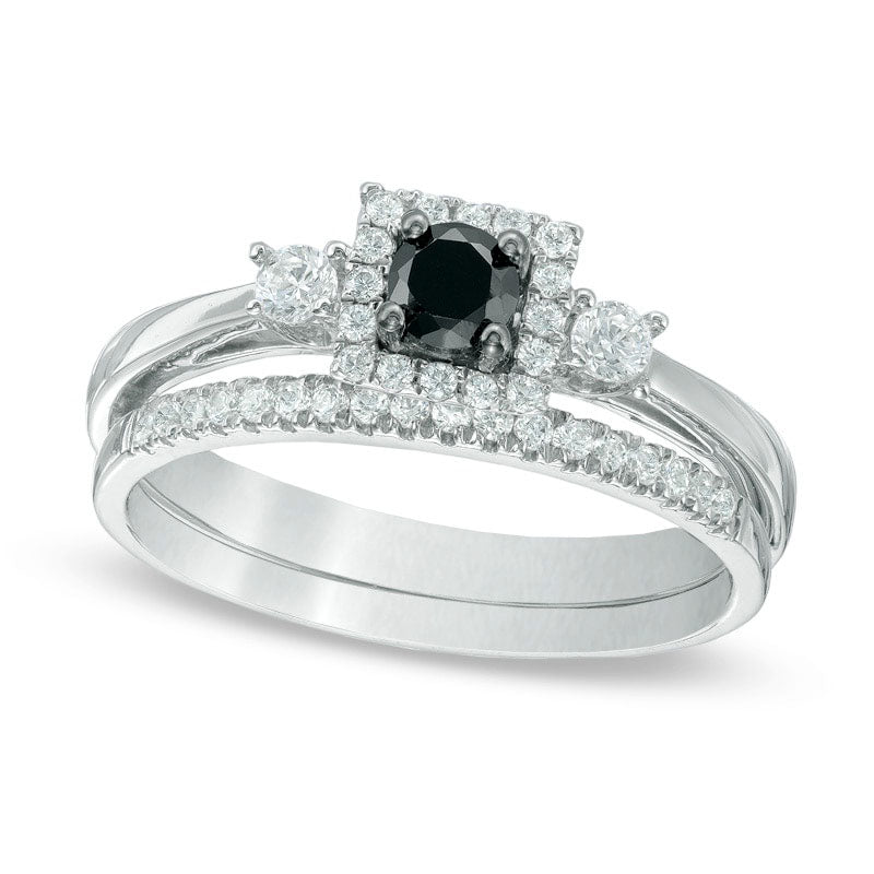 Image of ID 1 050 CT TW Enhanced Black and White Natural Diamond Three Stone Bridal Engagement Ring Set in Solid 10K White Gold