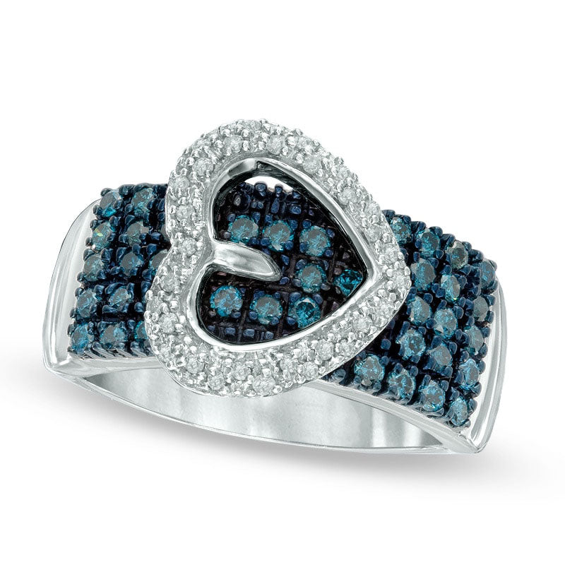 Image of ID 1 050 CT TW Enhanced Blue and White Natural Diamond Heart-Shaped Buckle Ring in Sterling Silver