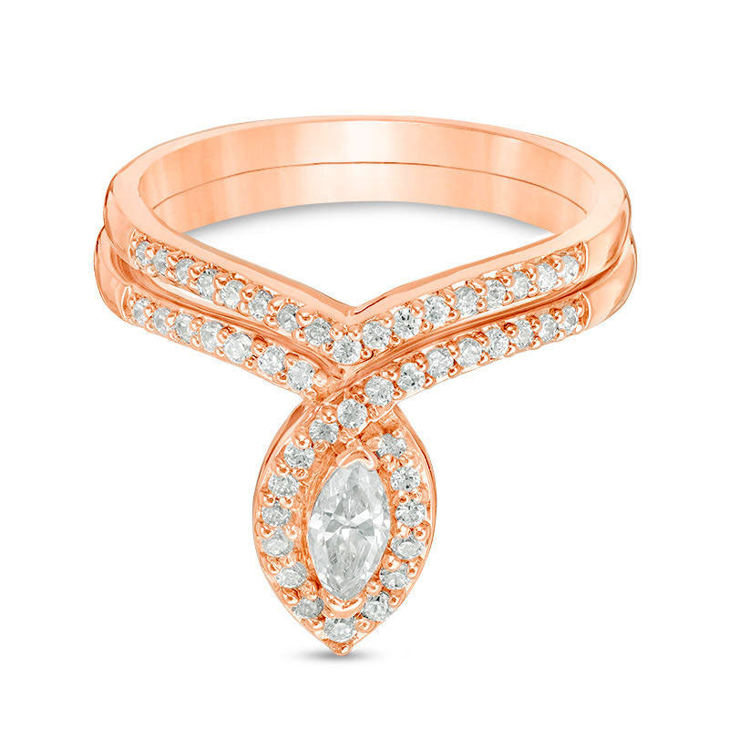 Image of ID 1 050 CT TW Marquise Natural Diamond Frame Bridal Engagement Ring Set in Solid 10K Rose Gold