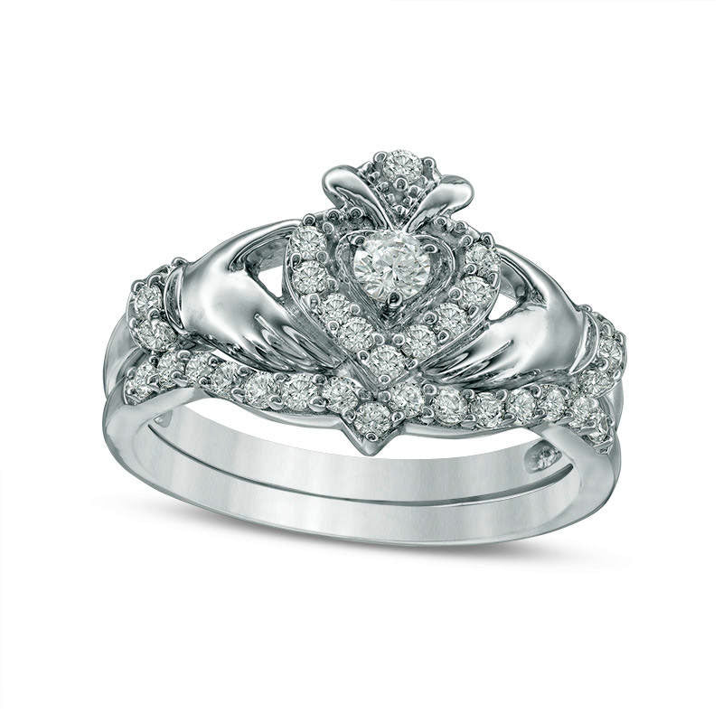Image of ID 1 050 CT TW Natural Diamond Claddagh Bridal Engagement Ring Set in Solid 10K White Gold