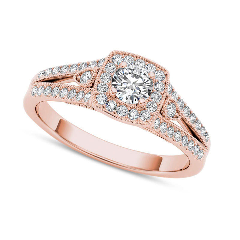 Image of ID 1 050 CT TW Natural Diamond Cushion Frame Split Shank Antique Vintage-Style Engagement Ring in Solid 14K Rose Gold