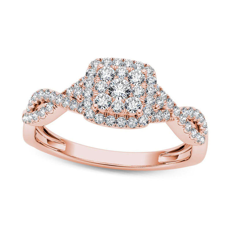 Image of ID 1 050 CT TW Natural Diamond Cushion Frame Twist Shank Engagement Ring in Solid 14K Rose Gold