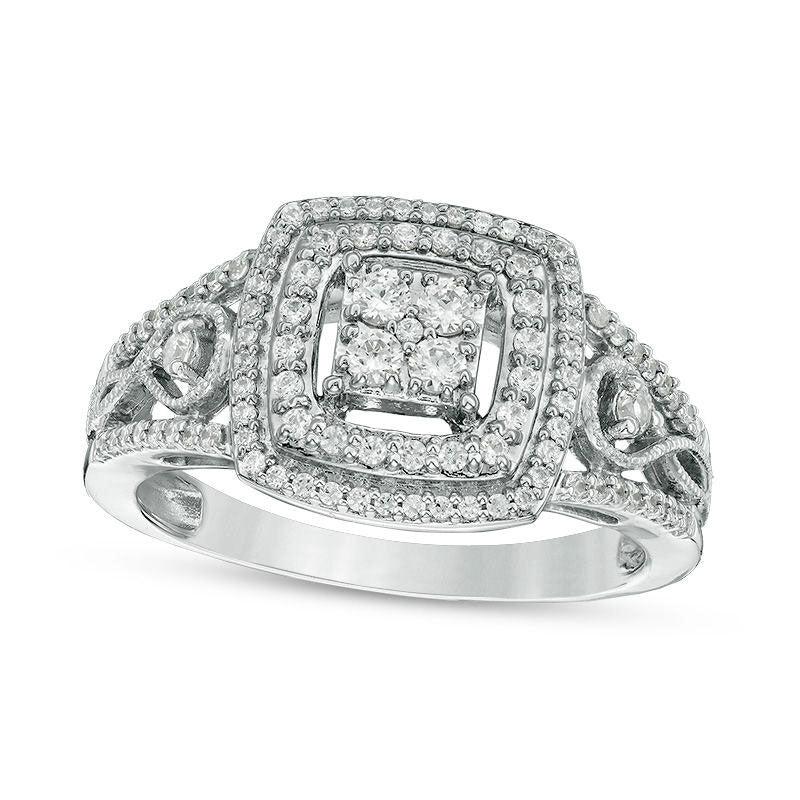Image of ID 1 050 CT TW Natural Diamond Double Cushion Frame Twist Antique Vintage-Style Engagement Ring in Solid 10K White Gold