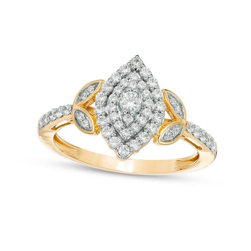 Image of ID 1 050 CT TW Natural Diamond Double Marquise Frame Petal-Sides Engagement Ring in Solid 10K Yellow Gold