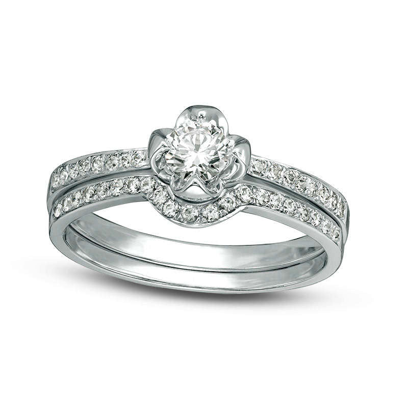 Image of ID 1 050 CT TW Natural Diamond Flower Bridal Engagement Ring Set in Solid 14K White Gold