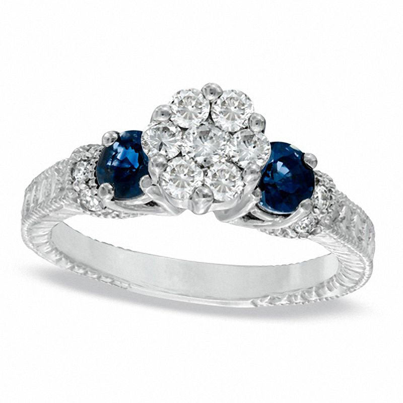 Image of ID 1 050 CT TW Natural Diamond Flower Cluster and Blue Sapphire Engagement Ring in Solid 14K White Gold
