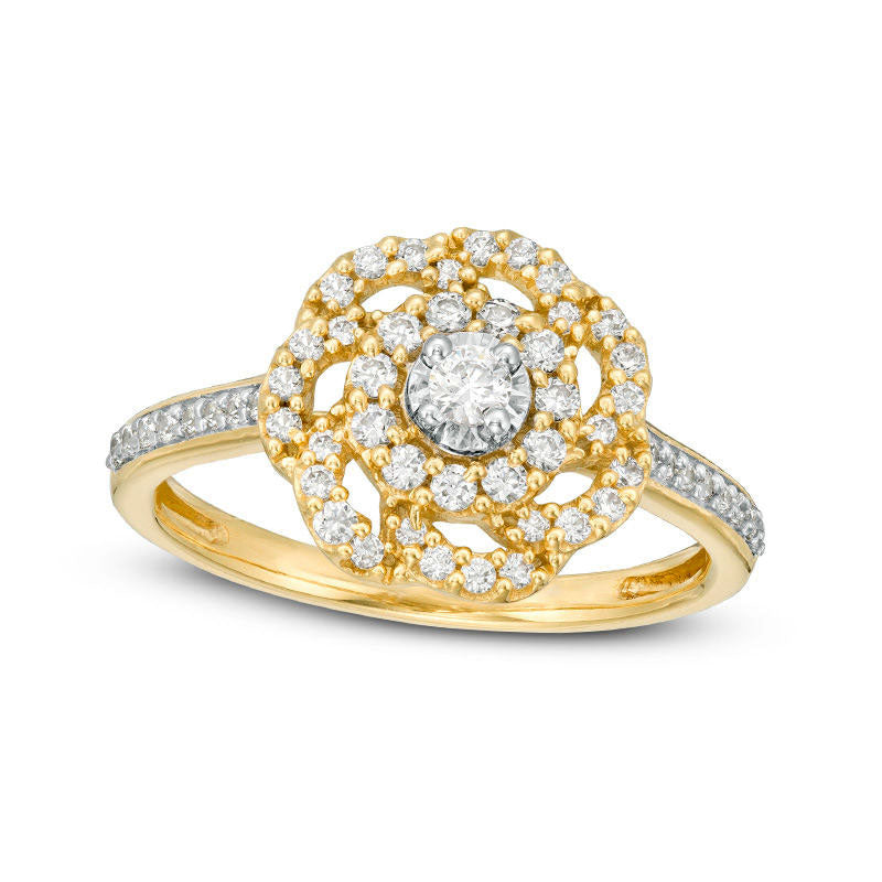 Image of ID 1 050 CT TW Natural Diamond Flower Outline Ring in Solid 10K Yellow Gold
