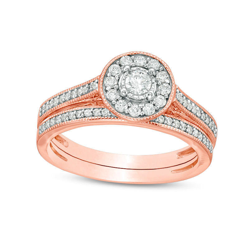 Image of ID 1 050 CT TW Natural Diamond Frame Antique Vintage-Style Bridal Engagement Ring Set in Solid 10K Rose Gold