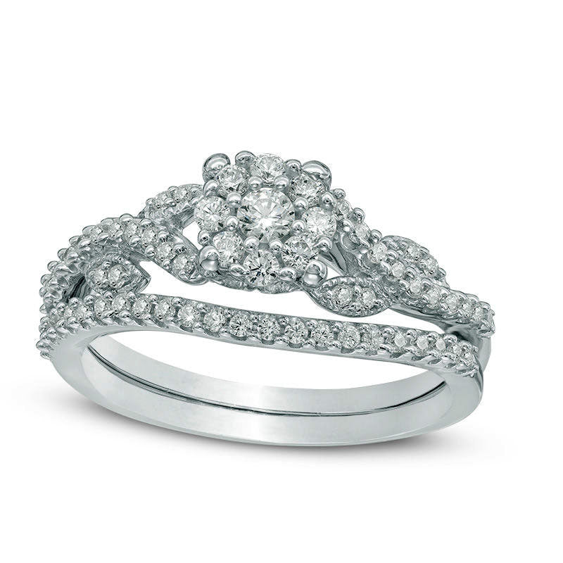 Image of ID 1 050 CT TW Natural Diamond Frame Vine Split Shank Bridal Engagement Ring Set in Solid 10K White Gold
