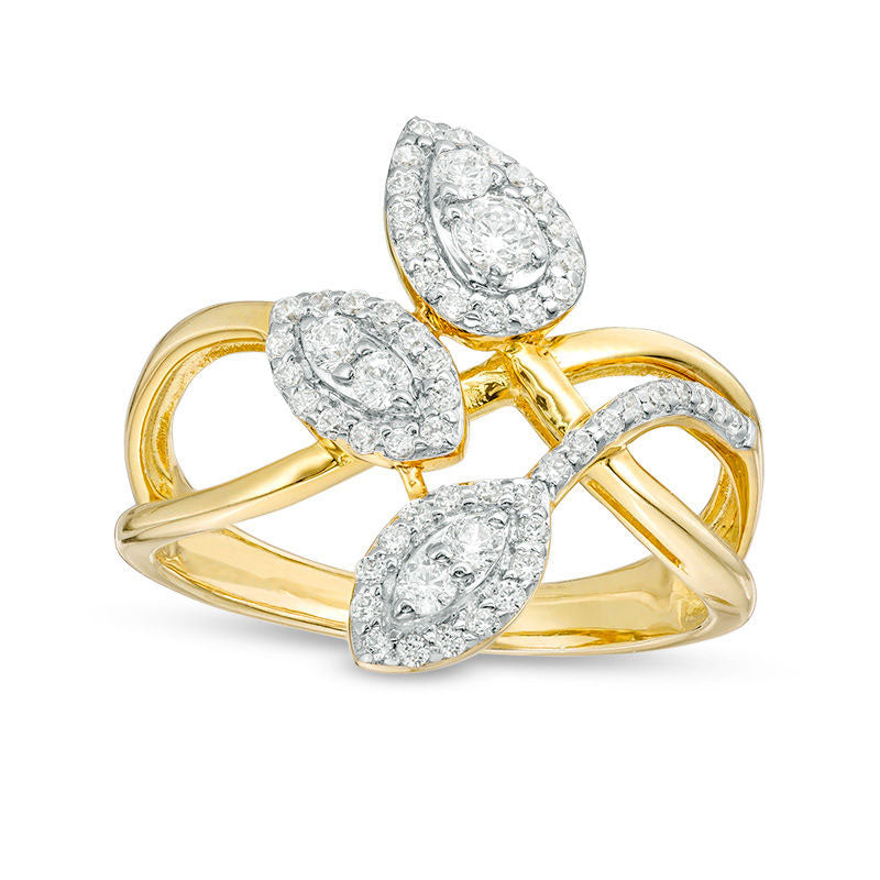 Image of ID 1 050 CT TW Natural Diamond Layered Crossover Triple Leaf Ring in Solid 10K Yellow Gold