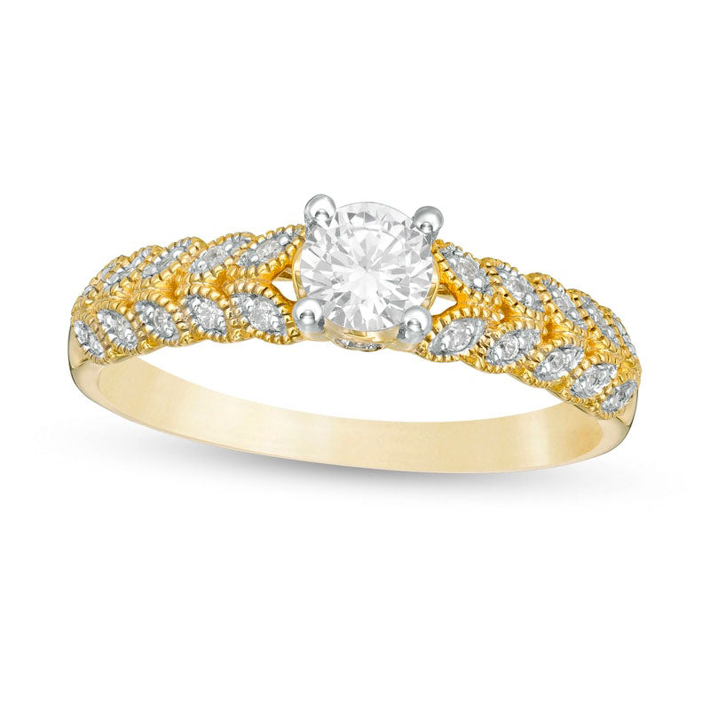 Image of ID 1 050 CT TW Natural Diamond Leaf Sides Engagement Ring in Solid 10K Yellow Gold