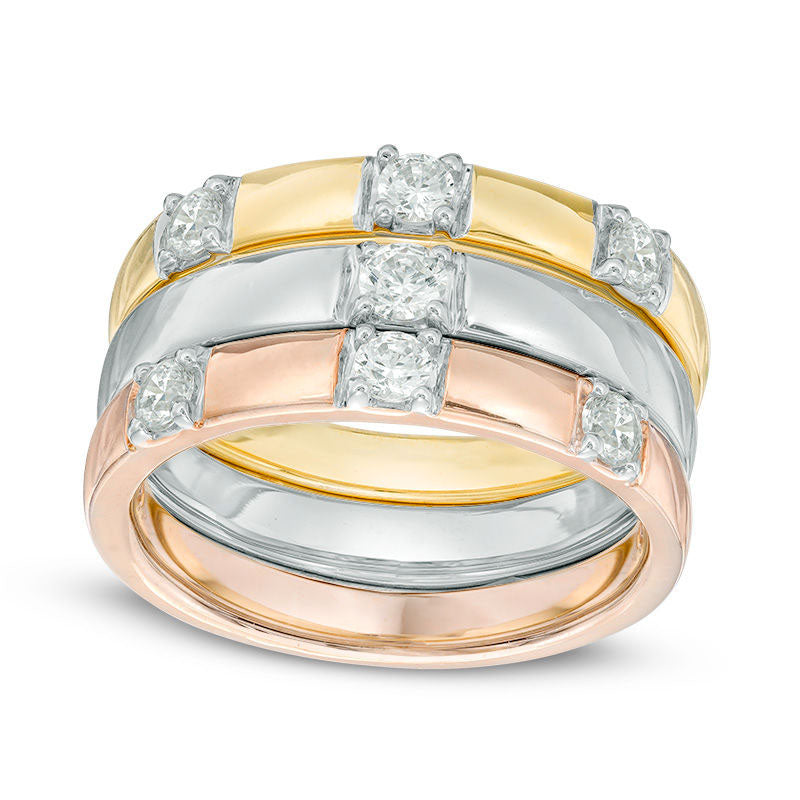 Image of ID 1 050 CT TW Natural Diamond Seven Stone Three Piece Stackable Ring Set in Solid 10K Tri-Tone Gold