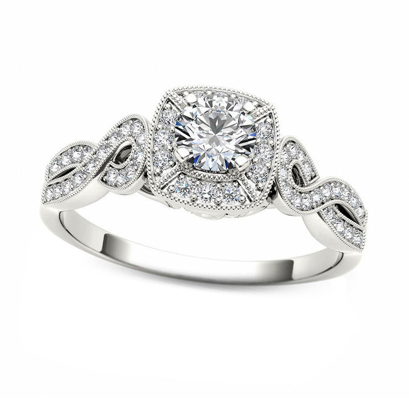 Image of ID 1 050 CT TW Natural Diamond Square Frame Antique Vintage-Style Engagement Ring in Solid 14K White Gold
