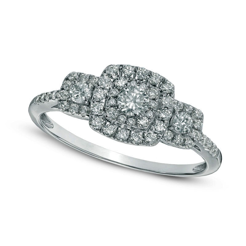 Image of ID 1 050 CT TW Natural Diamond Square Frame Three Stone Engagement Ring in Solid 10K White Gold