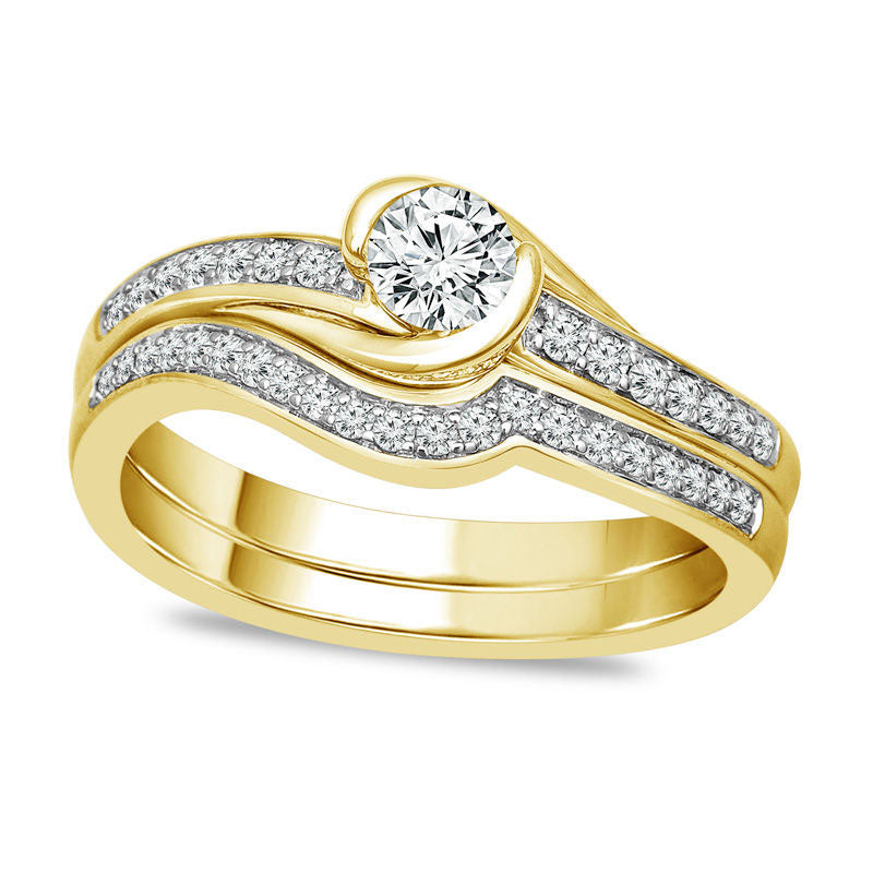Image of ID 1 050 CT TW Natural Diamond Swirl Bypass Bridal Engagement Ring Set in Solid 10K Yellow Gold
