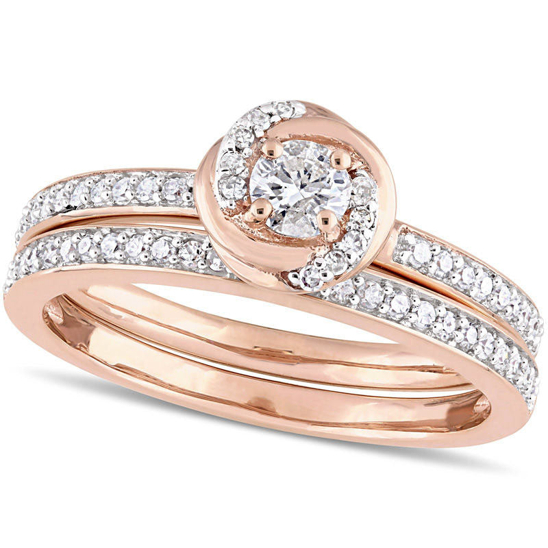 Image of ID 1 050 CT TW Natural Diamond Swirl Frame Bridal Engagement Ring Set in Solid 10K Rose Gold