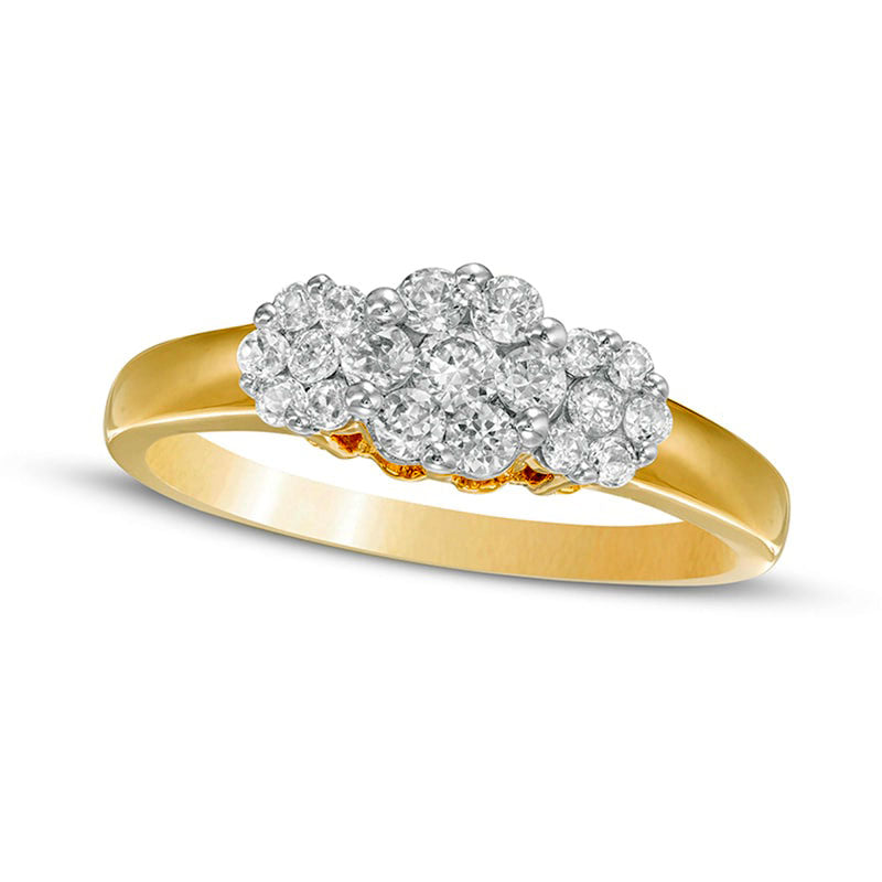 Image of ID 1 050 CT TW Natural Diamond Three Stone Flower Frame Ring in Solid 10K Yellow Gold