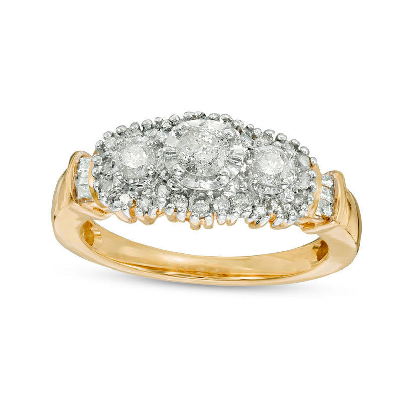 Image of ID 1 050 CT TW Natural Diamond Three Stone Frame Collar Engagement Ring in Solid 10K Yellow Gold