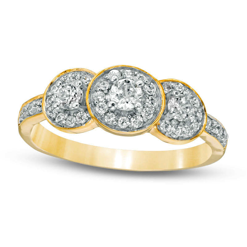 Image of ID 1 050 CT TW Natural Diamond Three Stone Frame Engagement Ring in Solid 10K Yellow Gold