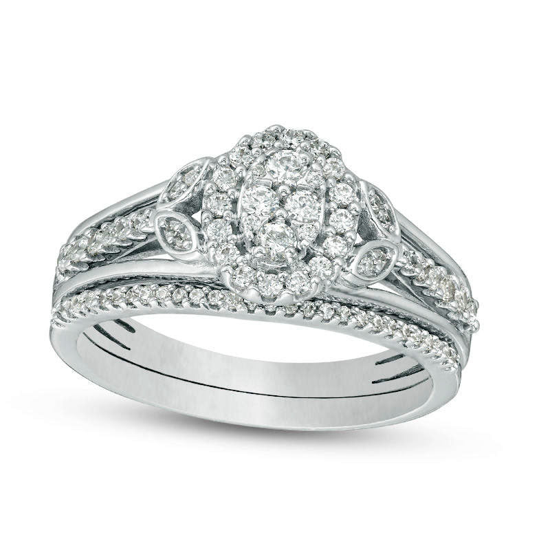 Image of ID 1 050 CT TW Oval Composite Natural Diamond Leaf-Sides Bridal Engagement Ring Set in Sterling Silver