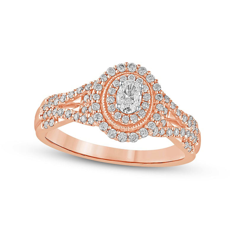 Image of ID 1 050 CT TW Oval Natural Diamond Frame Antique Vintage-Style Multi-Row Engagement Ring in Solid 10K Rose Gold