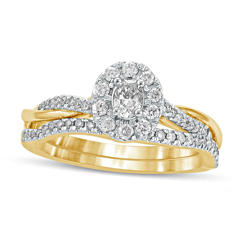 Image of ID 1 050 CT TW Oval Natural Diamond Frame Twist Shank Bridal Engagement Ring Set in Solid 10K Yellow Gold