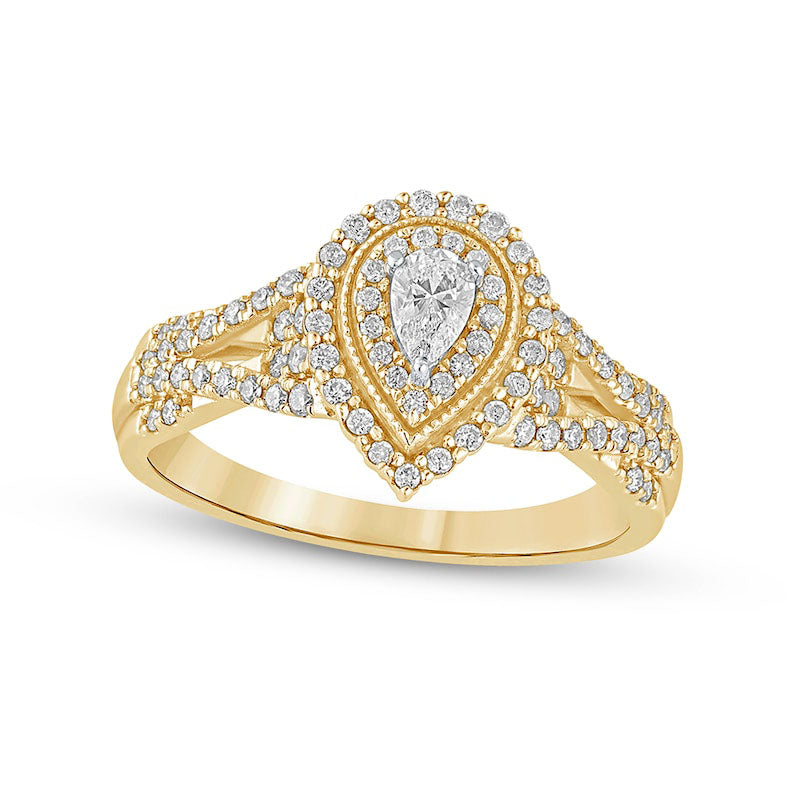 Image of ID 1 050 CT TW Pear-Shaped Natural Diamond Frame Antique Vintage-Style Multi-Row Engagement Ring in Solid 10K Yellow Gold