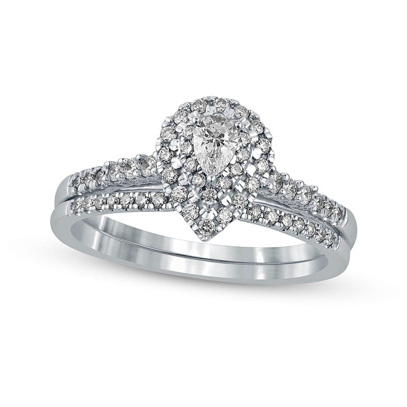 Image of ID 1 050 CT TW Pear-Shaped Natural Diamond Frame Bridal Engagement Ring Set in Solid 10K White Gold