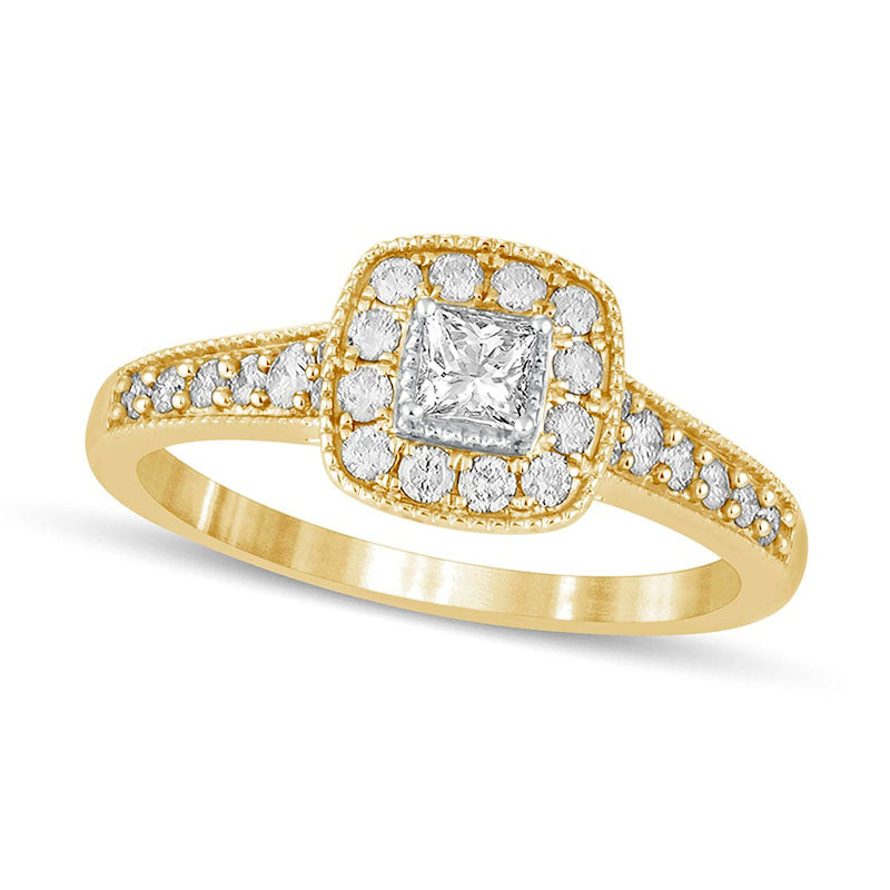 Image of ID 1 050 CT TW Princess-Cut Natural Diamond Cushion-Shaped Frame Antique Vintage-Style Engagement Ring in Solid 10K Yellow Gold