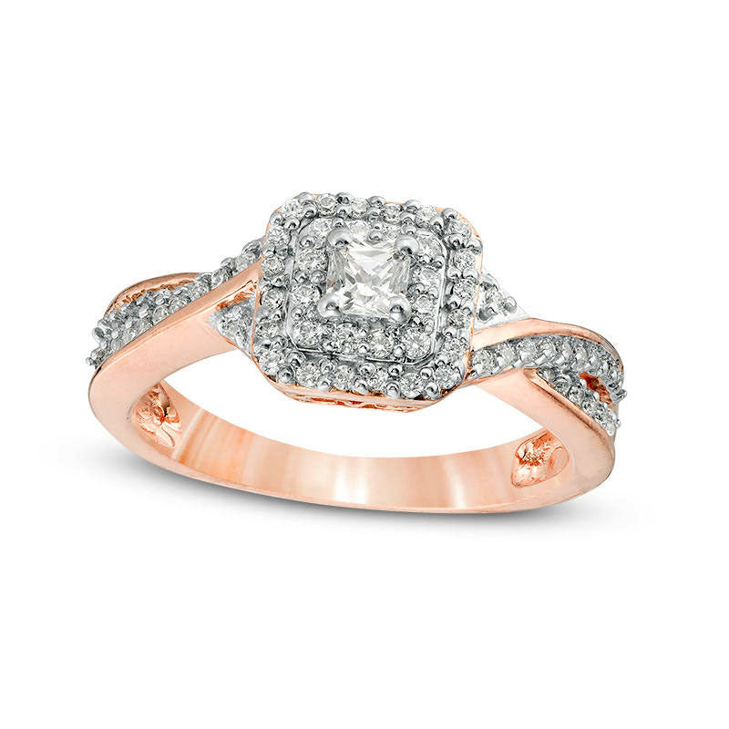 Image of ID 1 050 CT TW Princess-Cut Natural Diamond Double Cushion Frame Twist Split Shank Engagement Ring in Solid 10K Rose Gold