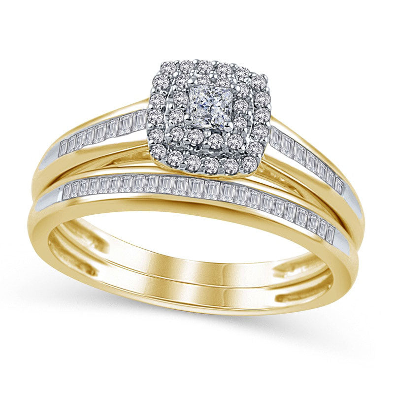 Image of ID 1 050 CT TW Princess-Cut Natural Diamond Double Frame Bridal Engagement Ring Set in Solid 10K Yellow Gold
