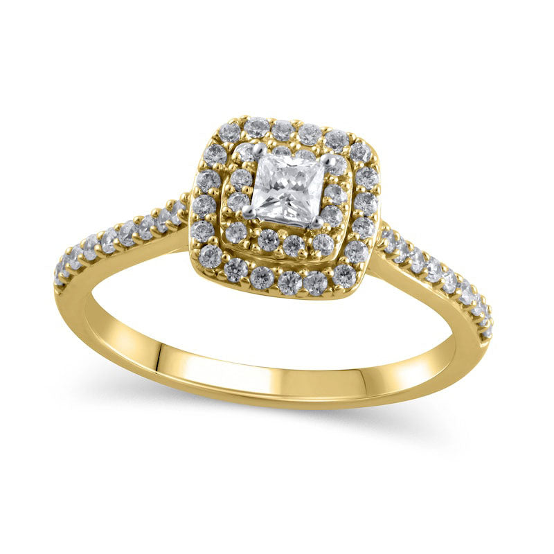 Image of ID 1 050 CT TW Princess-Cut Natural Diamond Double Frame Engagement Ring in Solid 10K Yellow Gold